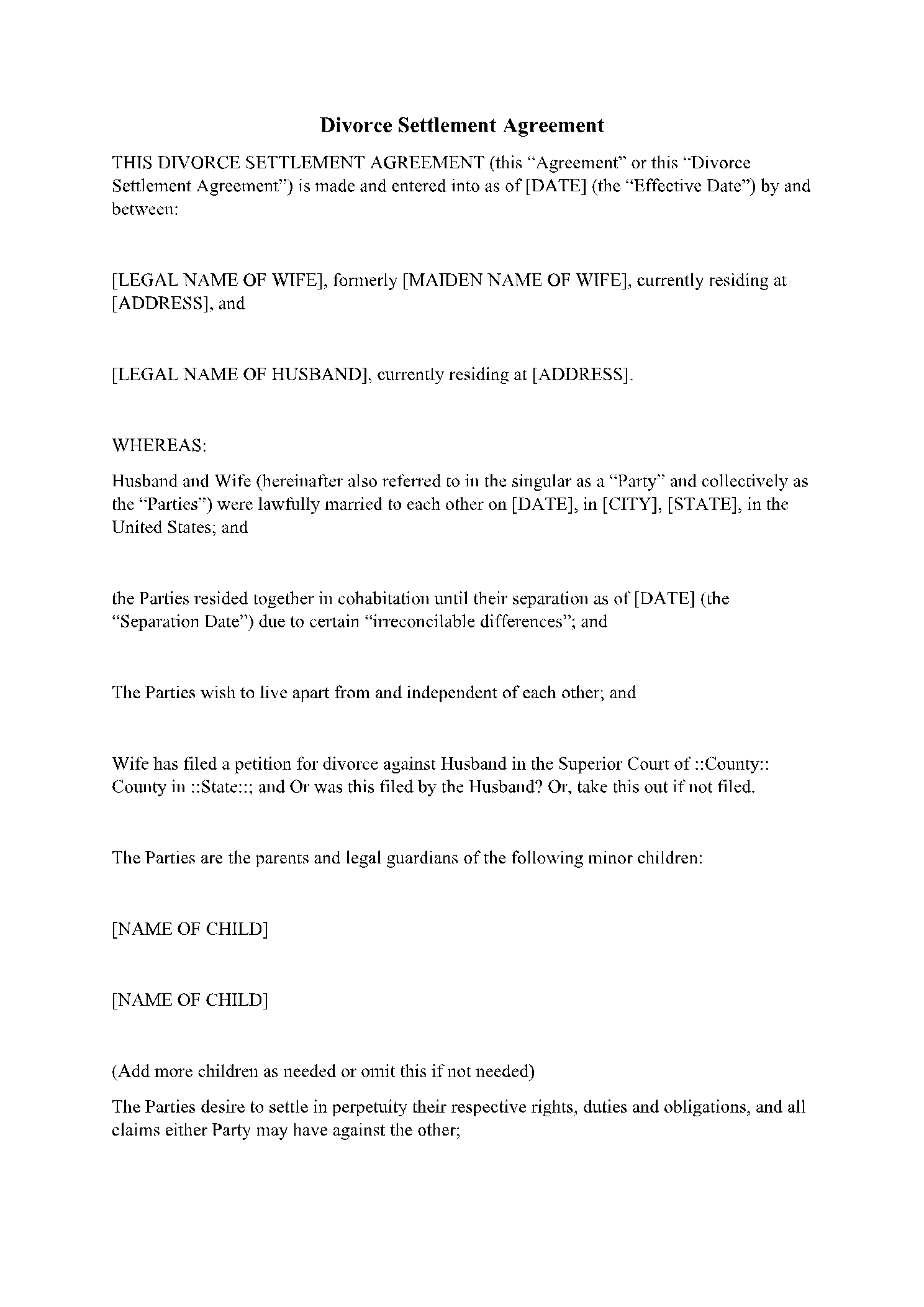 Divorce Settlement Agreement Template